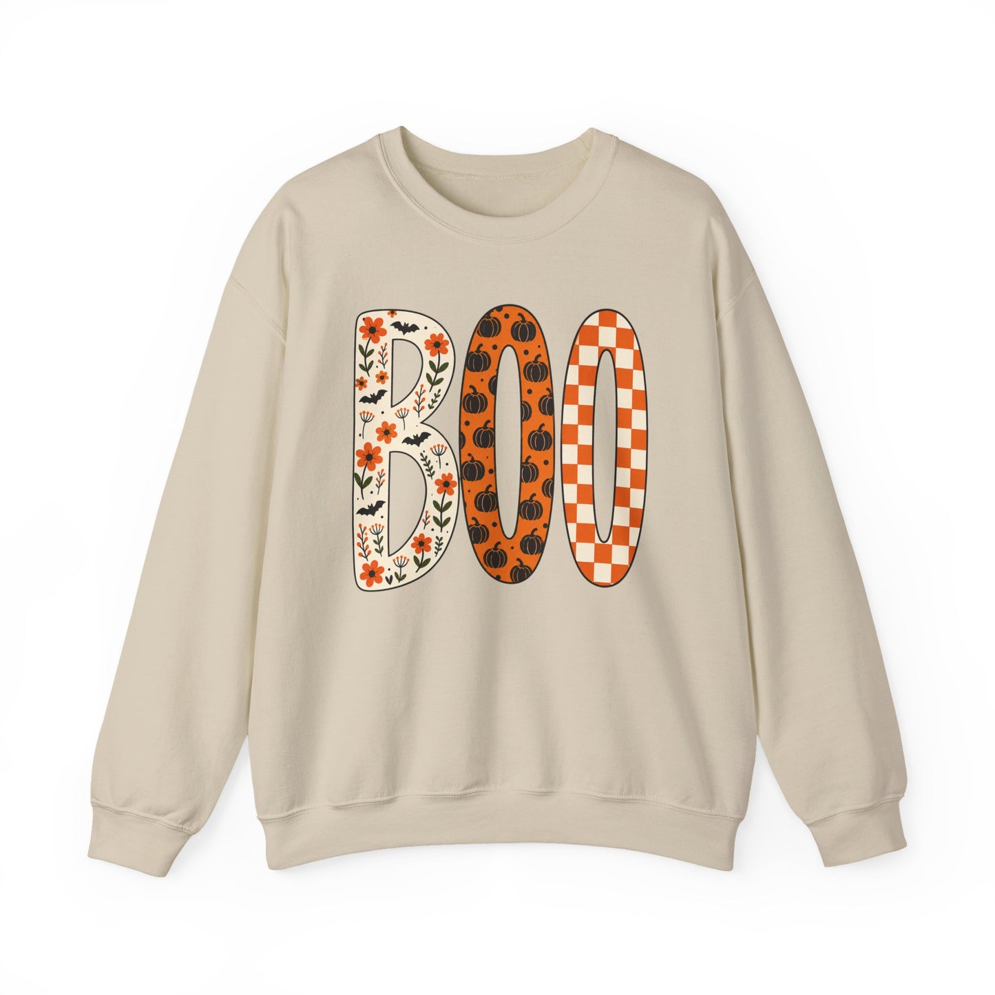 Halloween BOO Crewneck Sweatshirt — Patterned Fall Pumpkin & Checker Graphic