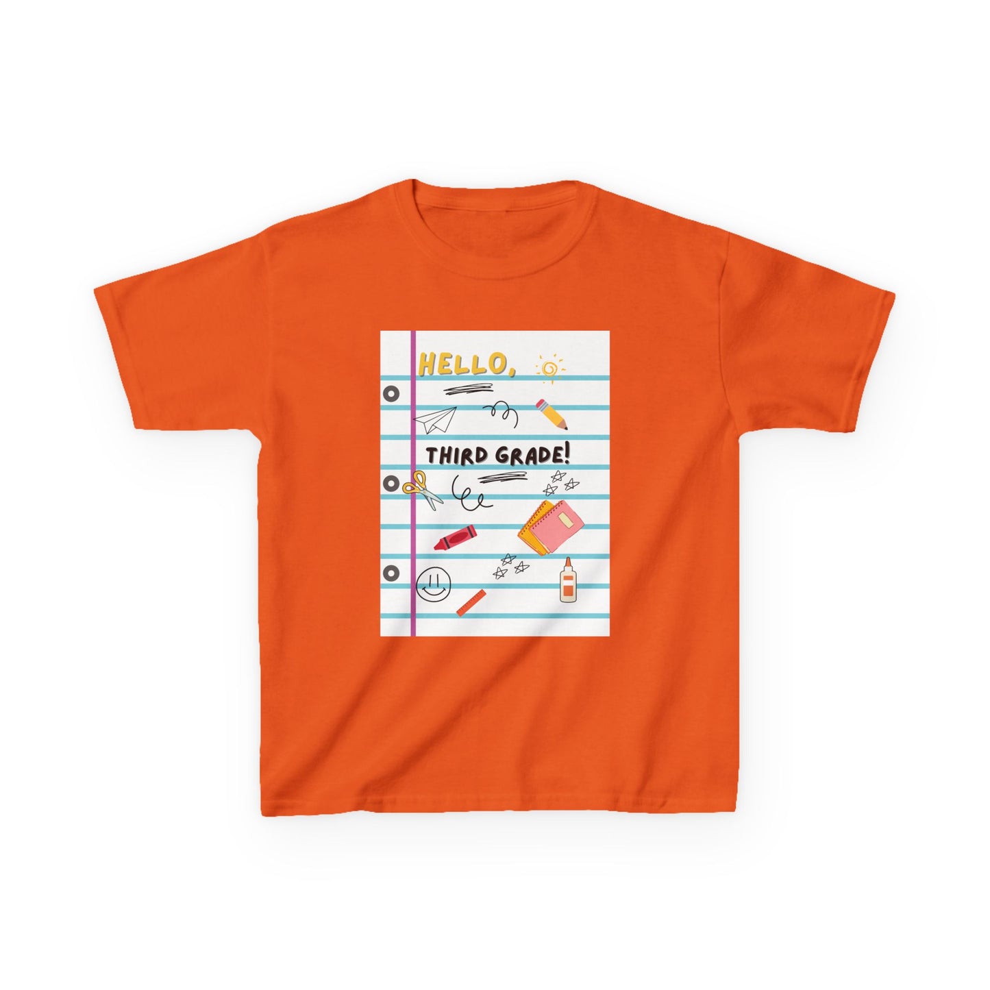 Kids Tee — "Hello Third Grade Grade" Lined Notebook Back-to-School Shirt (Custom Name)