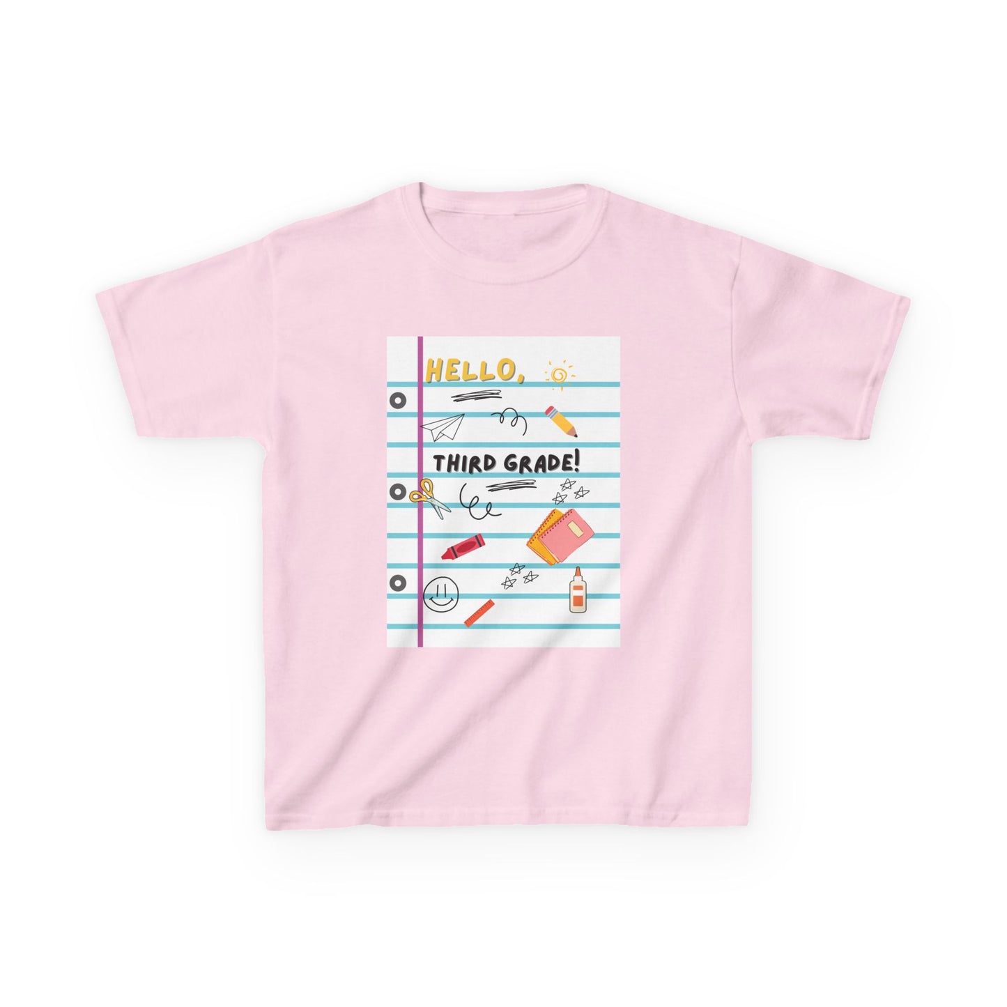 Kids Tee — "Hello Third Grade Grade" Lined Notebook Back-to-School Shirt (Custom Name)