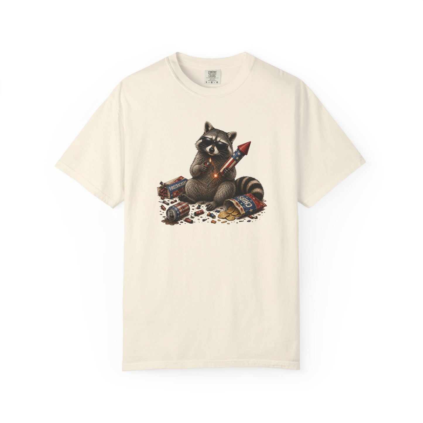 Raccoon Fireworks Graphic Cotton T‑Shirt – Unisex