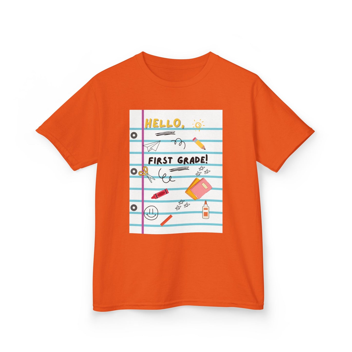 Kids Tee — "Hello First Grade" Lined Notebook Back-to-School Shirt (Custom Name)