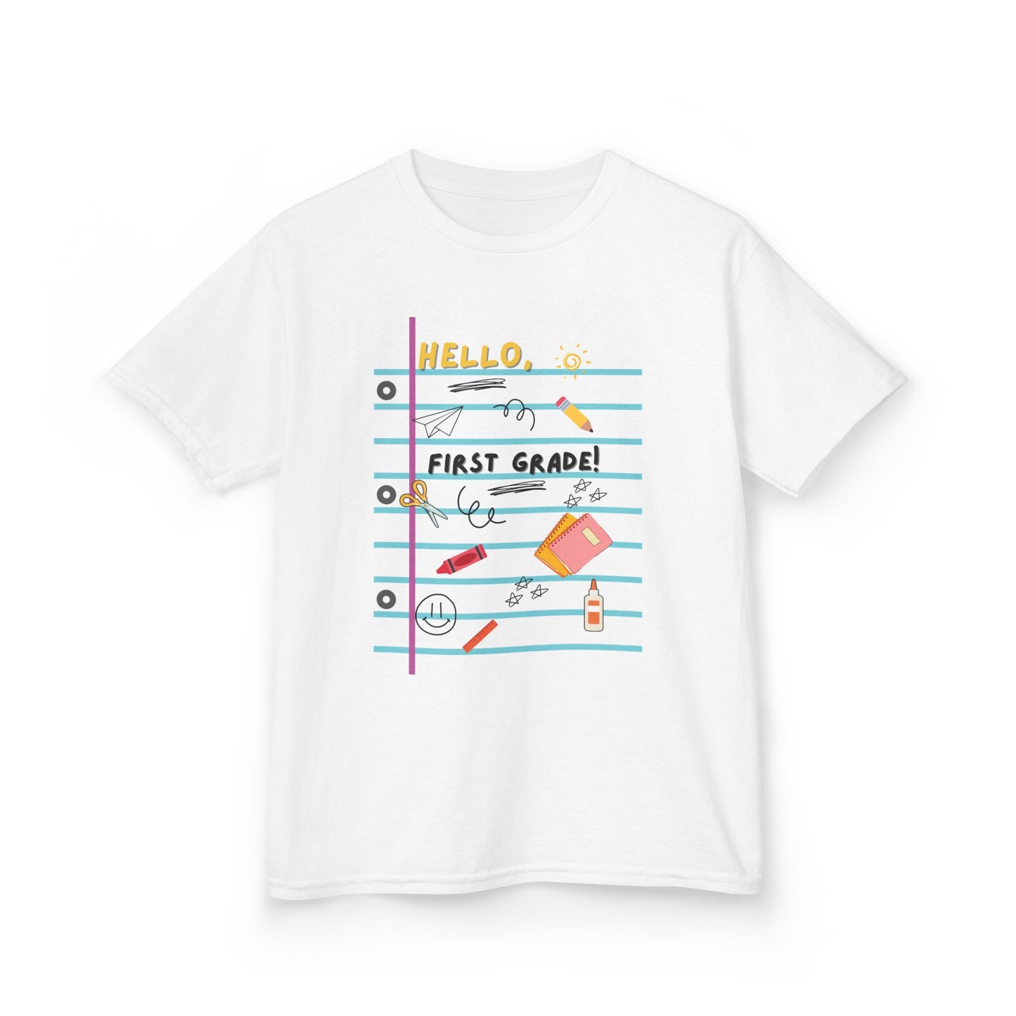 Kids Tee — "Hello First Grade" Lined Notebook Back-to-School Shirt (Custom Name)