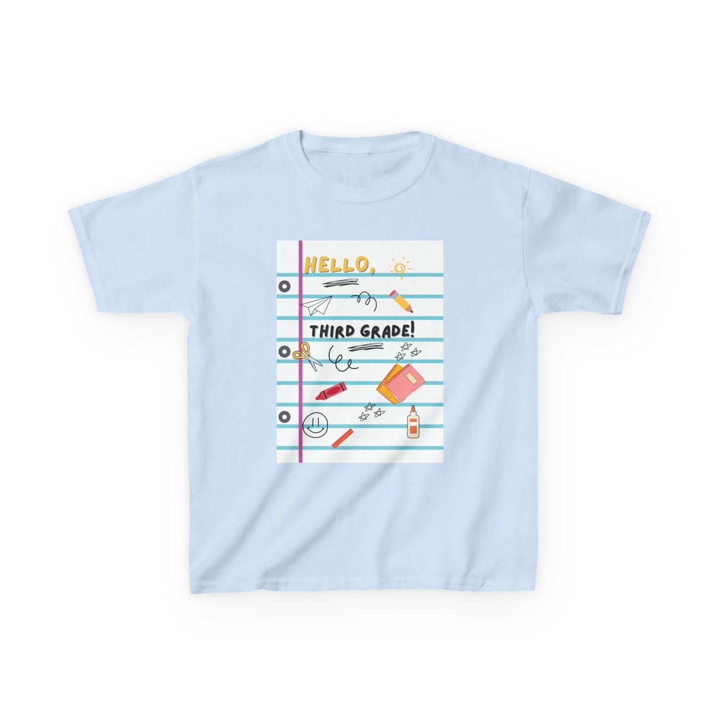 Kids Tee — "Hello Third Grade Grade" Lined Notebook Back-to-School Shirt (Custom Name)