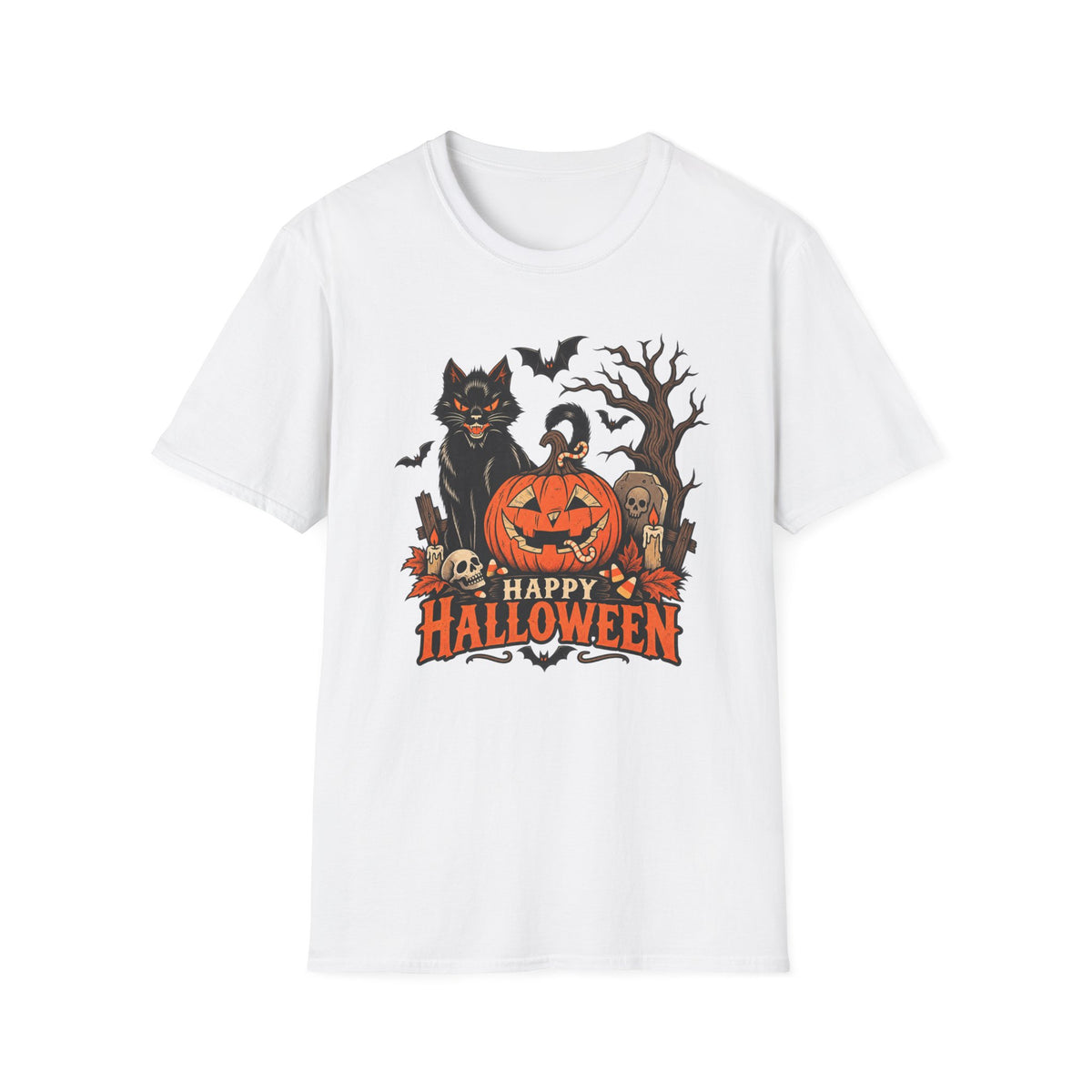 Vintage Halloween T-Shirt — Black Cat, Jack-O'-Lantern & Spooky Tree Design