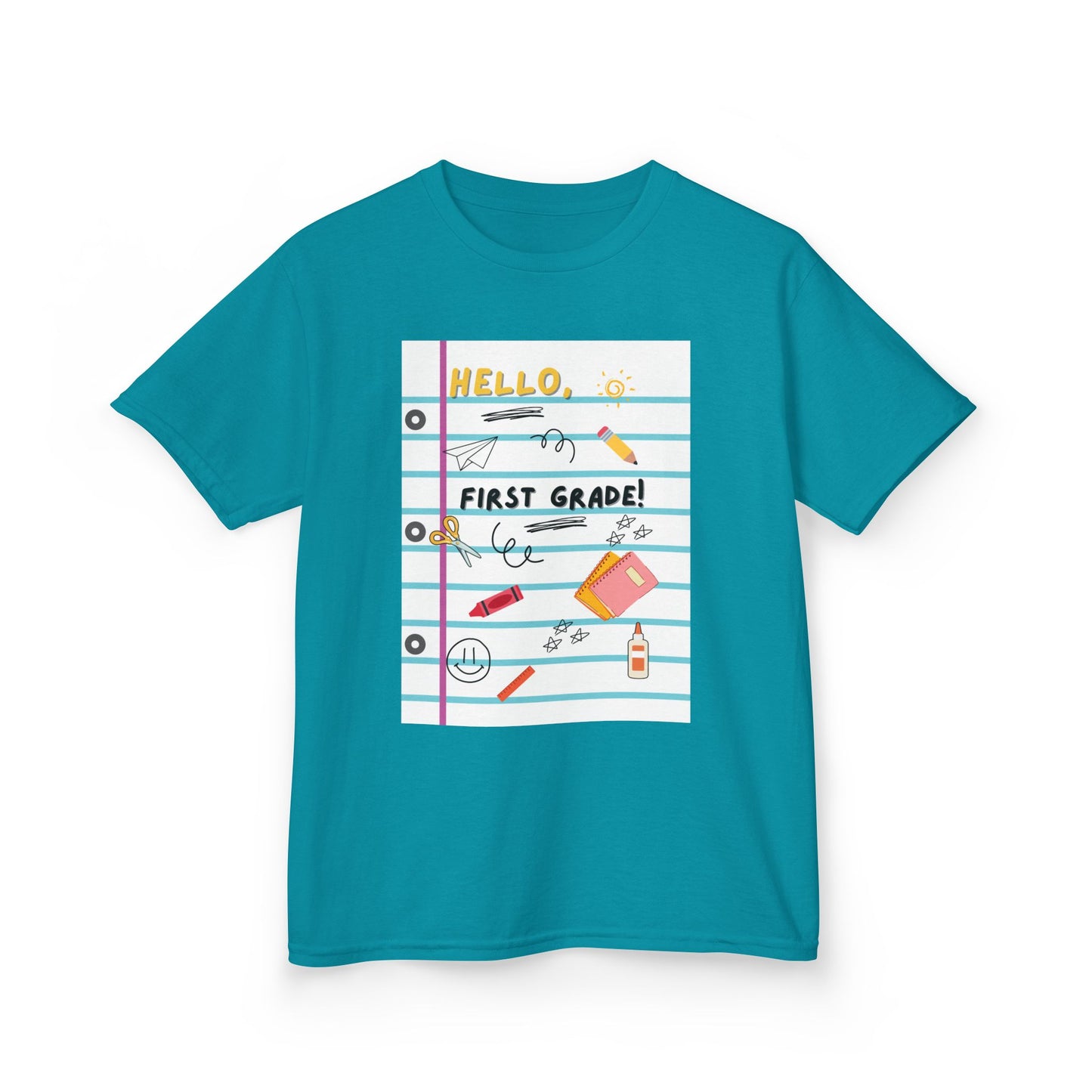 Kids Tee — "Hello First Grade" Lined Notebook Back-to-School Shirt (Custom Name)