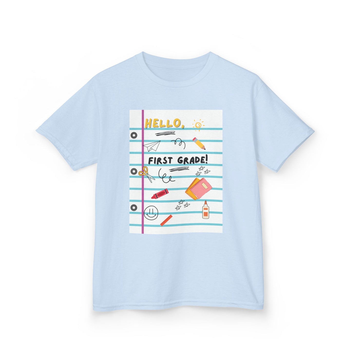 Kids Tee — "Hello First Grade" Lined Notebook Back-to-School Shirt (Custom Name)