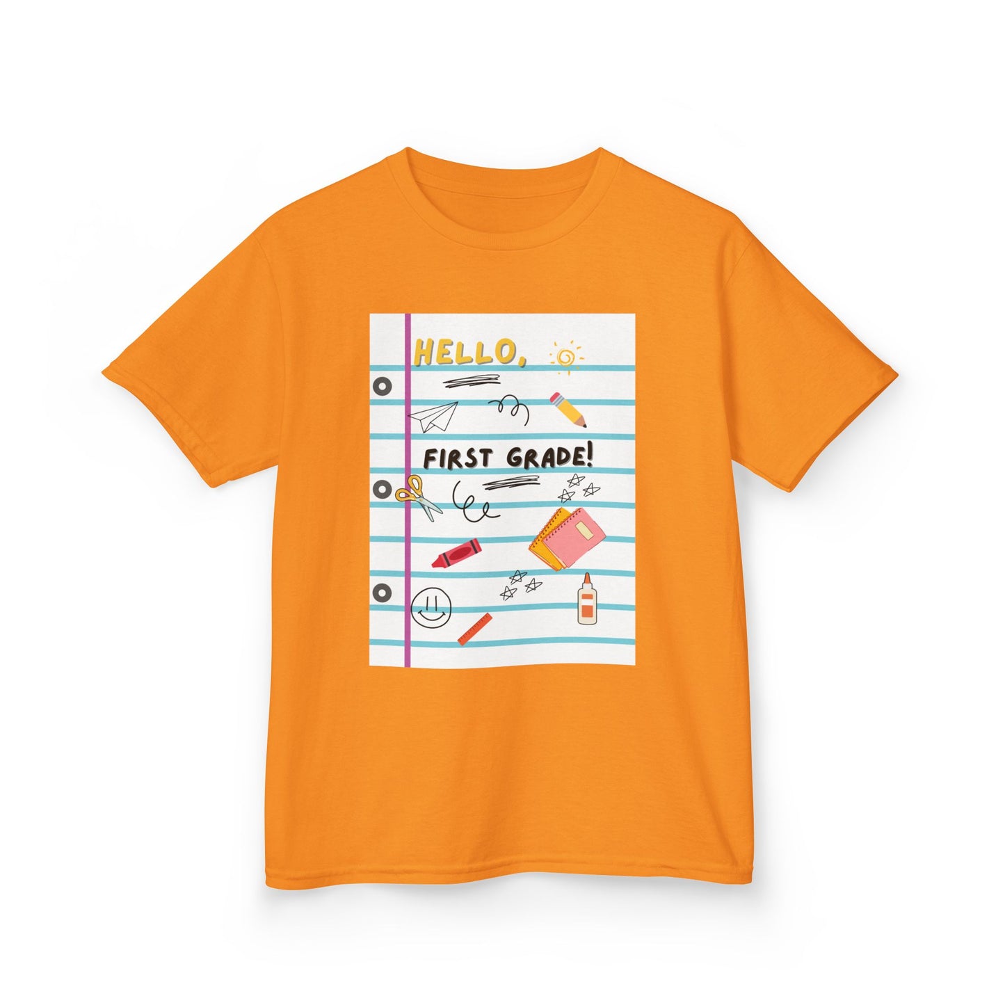 Kids Tee — "Hello First Grade" Lined Notebook Back-to-School Shirt (Custom Name)