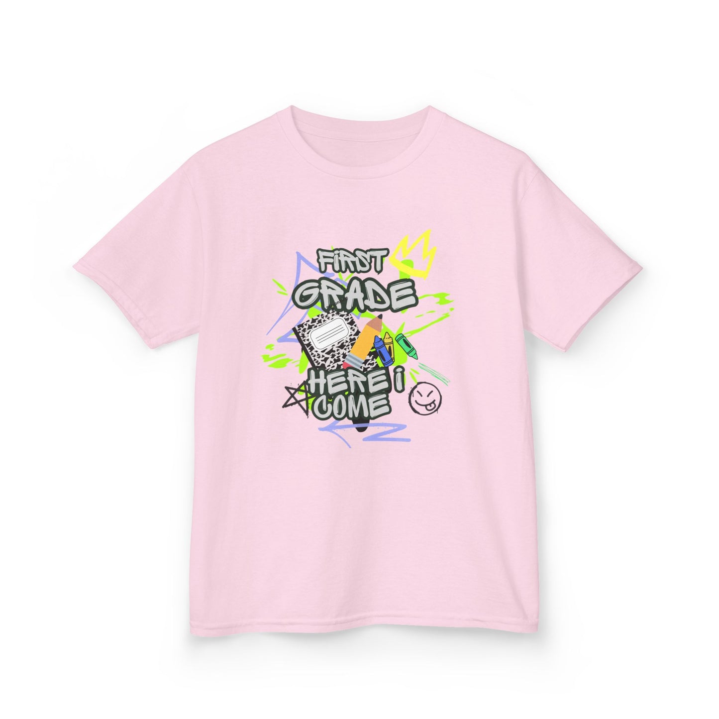 Kids T‑Shirt — "First Grade, Here I Come" Colorful Back-to-School Tee