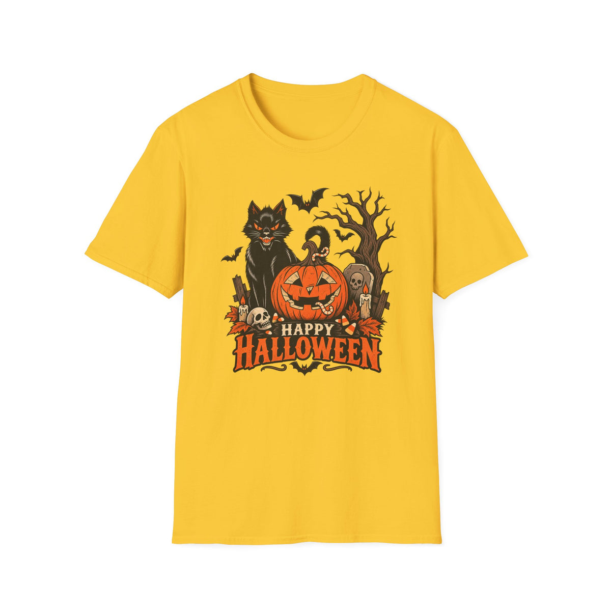 Vintage Halloween T-Shirt — Black Cat, Jack-O'-Lantern & Spooky Tree Design