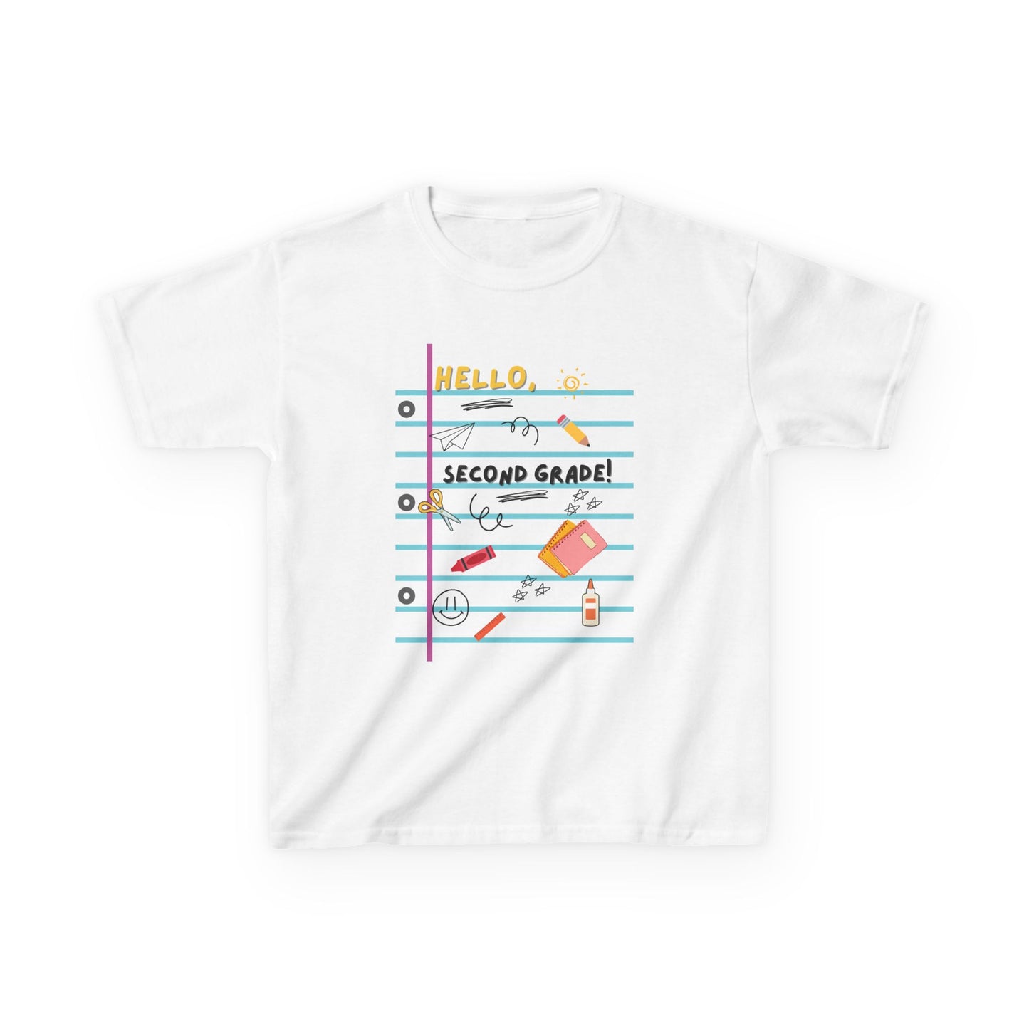 Kids Tee — "Hello Second Grade Grade" Lined Notebook Back-to-School Shirt (Custom Name)