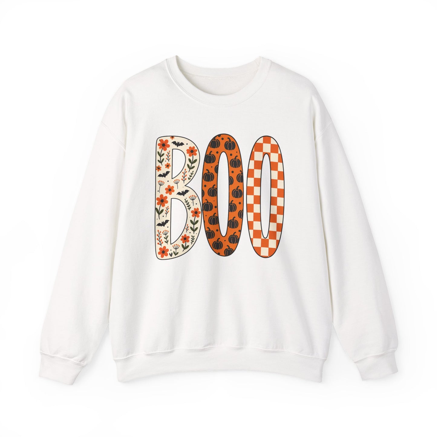 Halloween BOO Crewneck Sweatshirt — Patterned Fall Pumpkin & Checker Graphic
