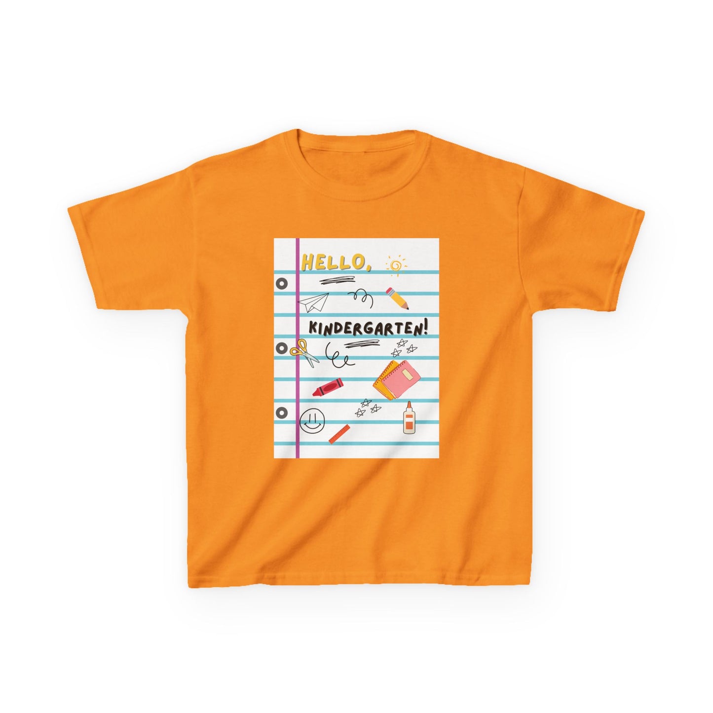 Kids Tee — "Hello Kindergarten" Lined Notebook Back-to-School Shirt (Custom Name)