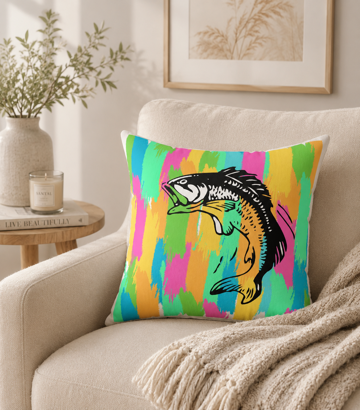 Colorful Bass Fish Throw Pillow