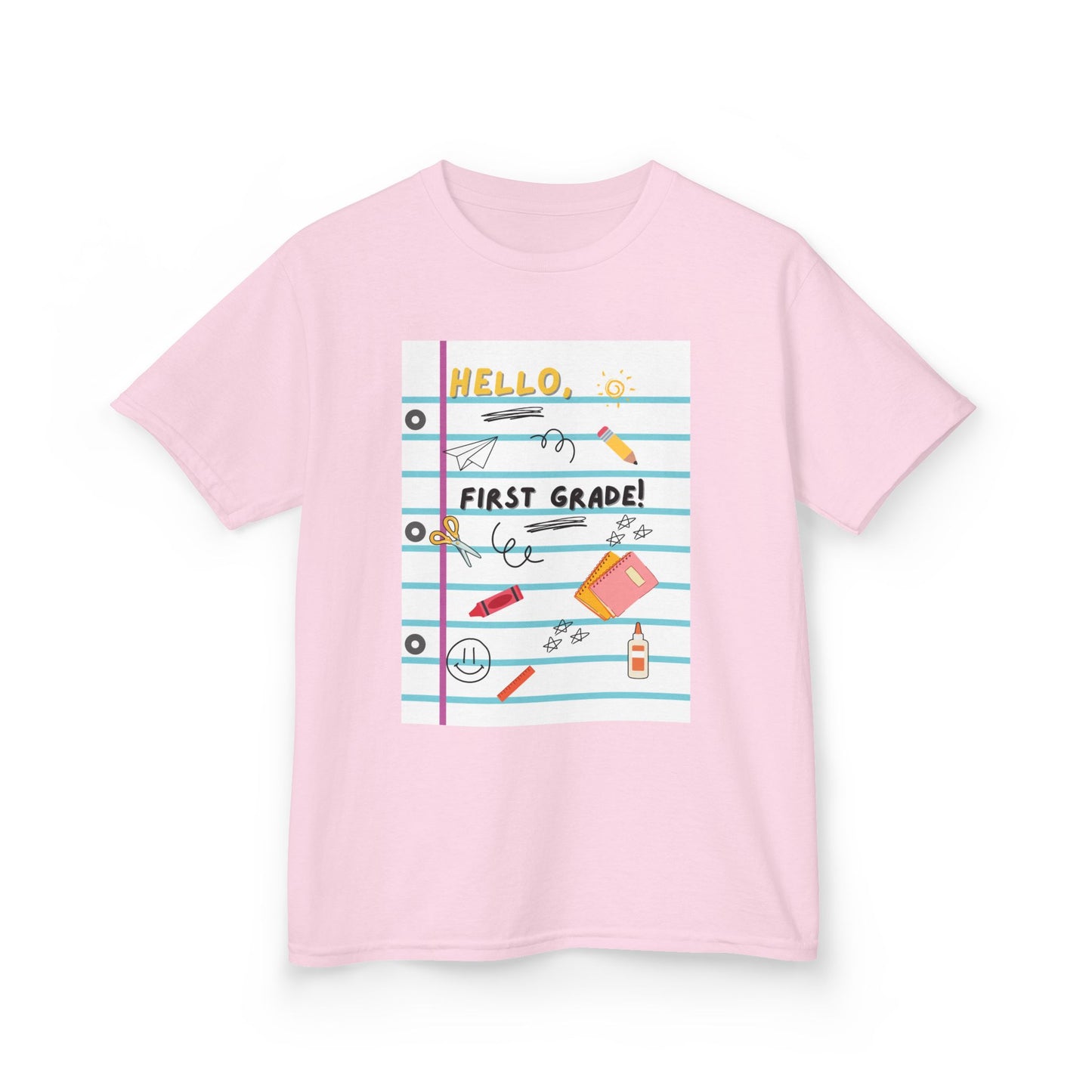 Kids Tee — "Hello First Grade" Lined Notebook Back-to-School Shirt (Custom Name)