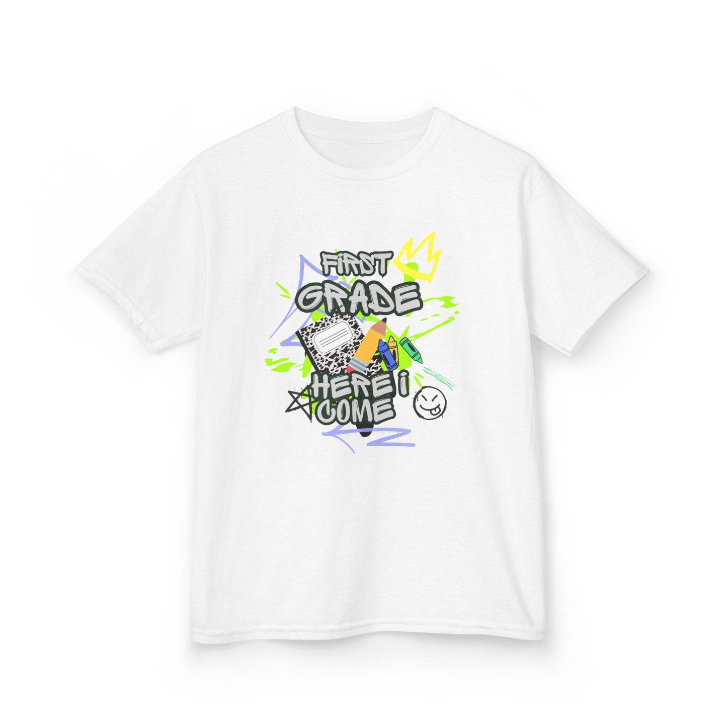 Kids T‑Shirt — "First Grade, Here I Come" Colorful Back-to-School Tee