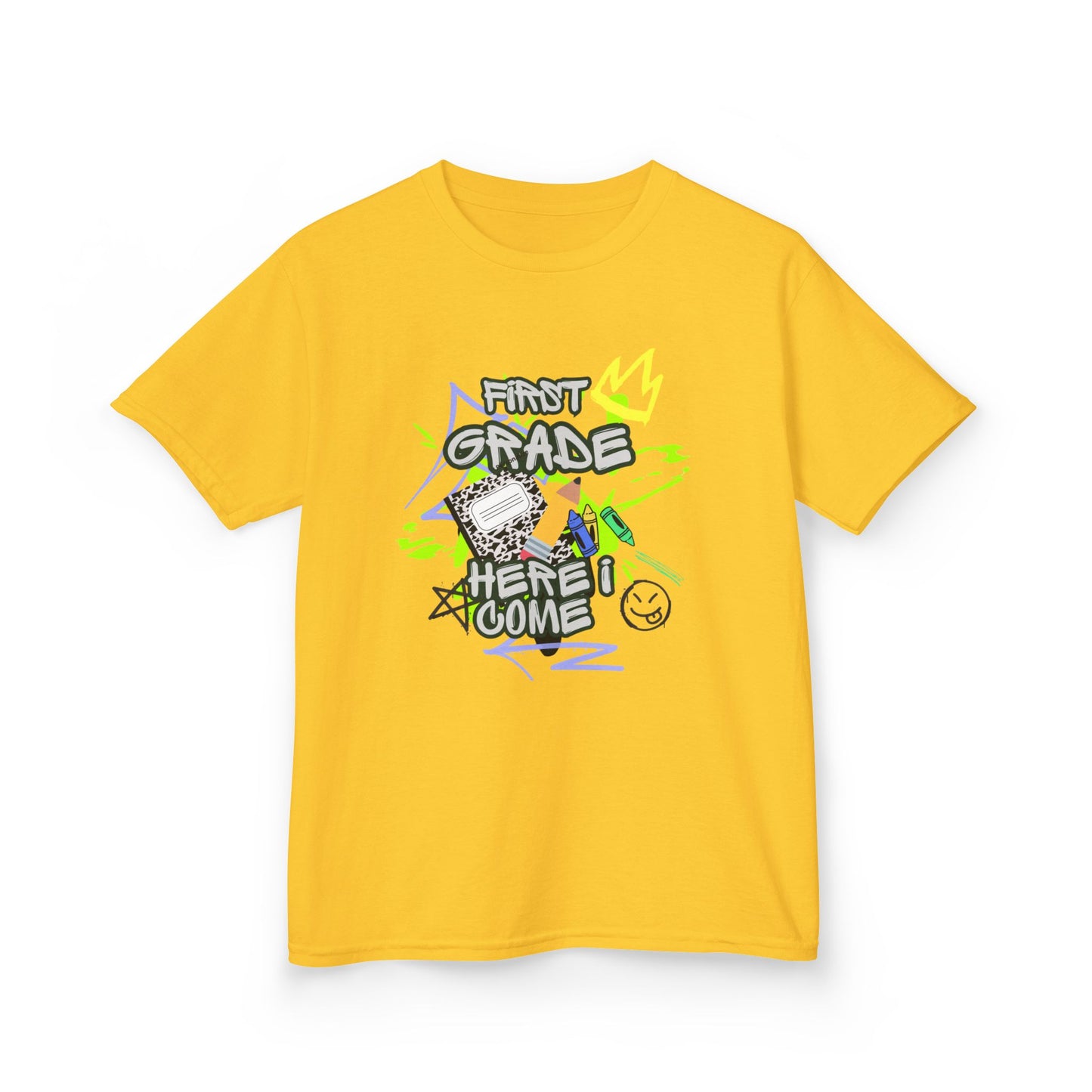 Kids T‑Shirt — "First Grade, Here I Come" Colorful Back-to-School Tee