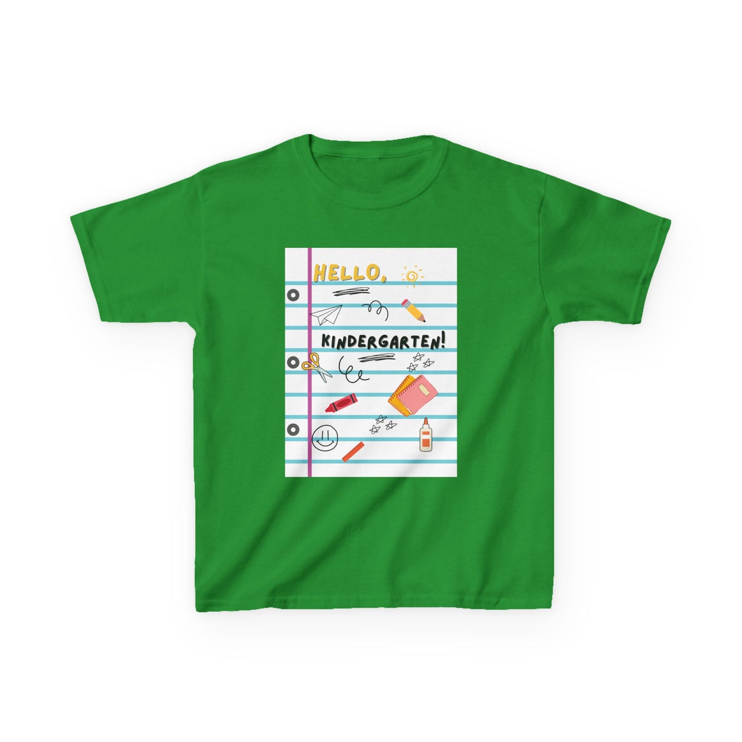 Kids Tee — "Hello Kindergarten" Lined Notebook Back-to-School Shirt (Custom Name)