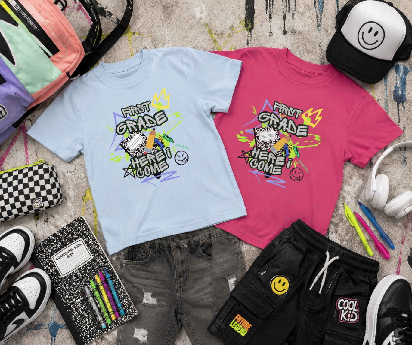 Kids T‑Shirt — "First Grade, Here I Come" Colorful Back-to-School Tee
