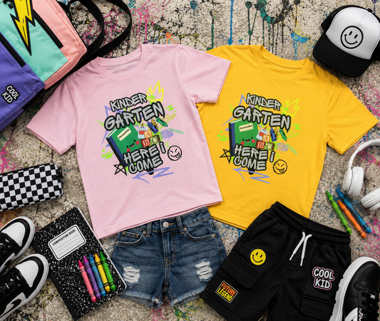 Kids T‑Shirt — "Kindergarten Here I Come" Back‑to‑School Graphic Tee