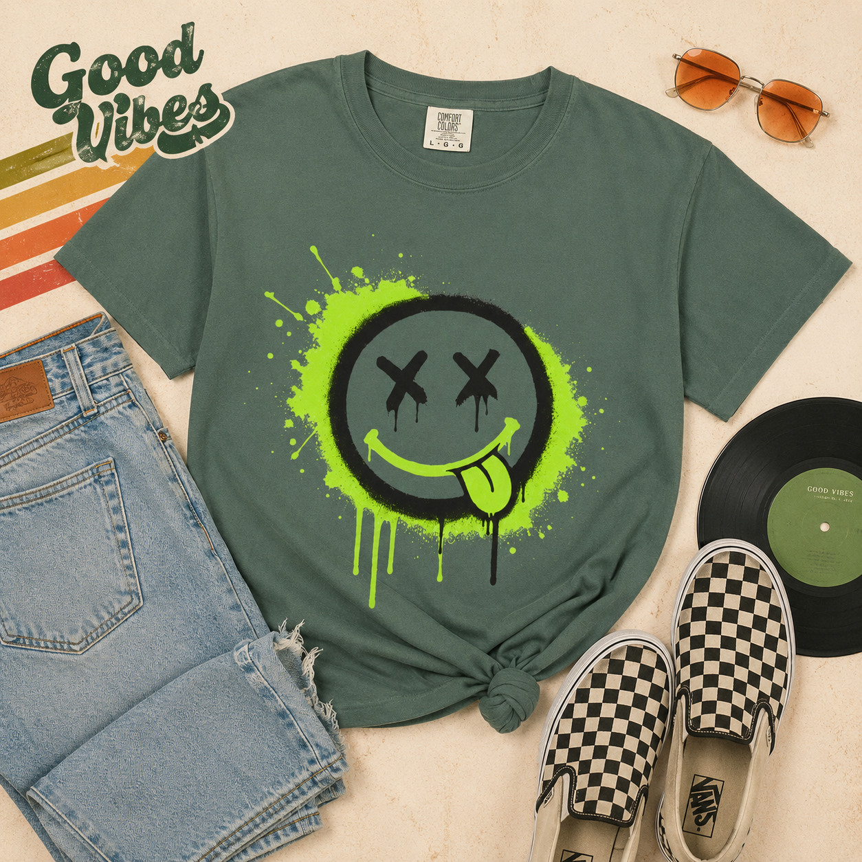 Graffiti Drip Green Smiley T-Shirt - Unisex
