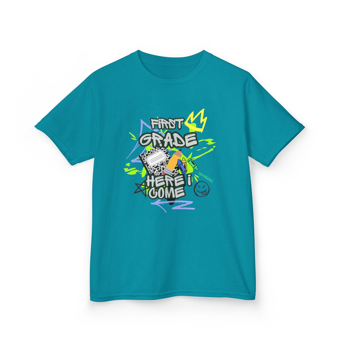 Kids T‑Shirt — "First Grade, Here I Come" Colorful Back-to-School Tee