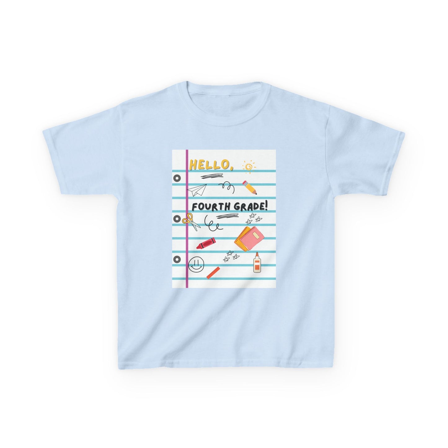 Kids Tee — "Hello Fourth Grade Grade" Lined Notebook Back-to-School Shirt (Custom Name)