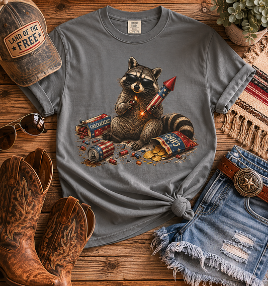 Raccoon with Fireworks Graphic T-Shirt - Unisex