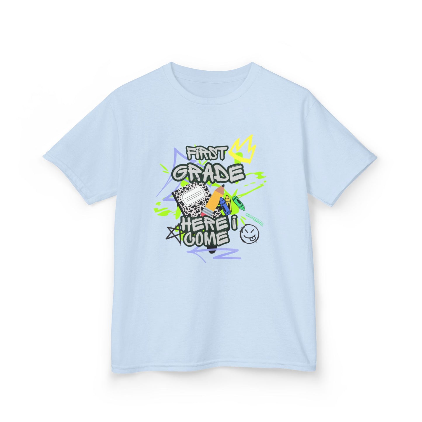 Kids T‑Shirt — "First Grade, Here I Come" Colorful Back-to-School Tee
