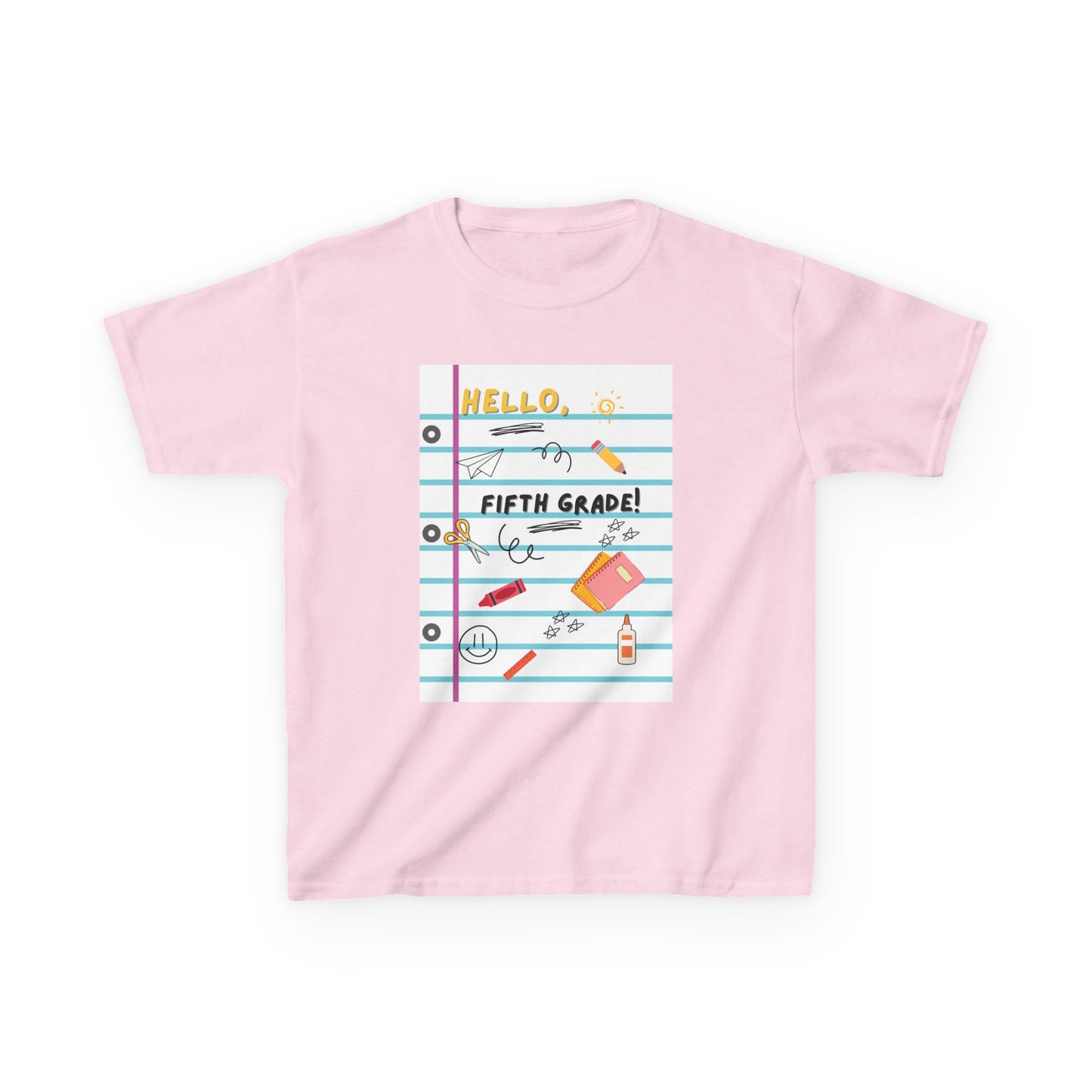Kids Tee — "Hello Fifth Grade Grade" Lined Notebook Back-to-School Shirt (Custom Name)