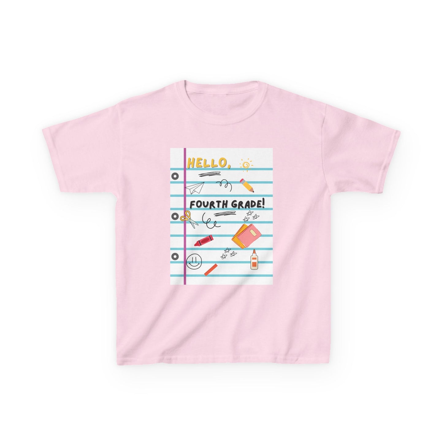Kids Tee — "Hello Fourth Grade Grade" Lined Notebook Back-to-School Shirt (Custom Name)