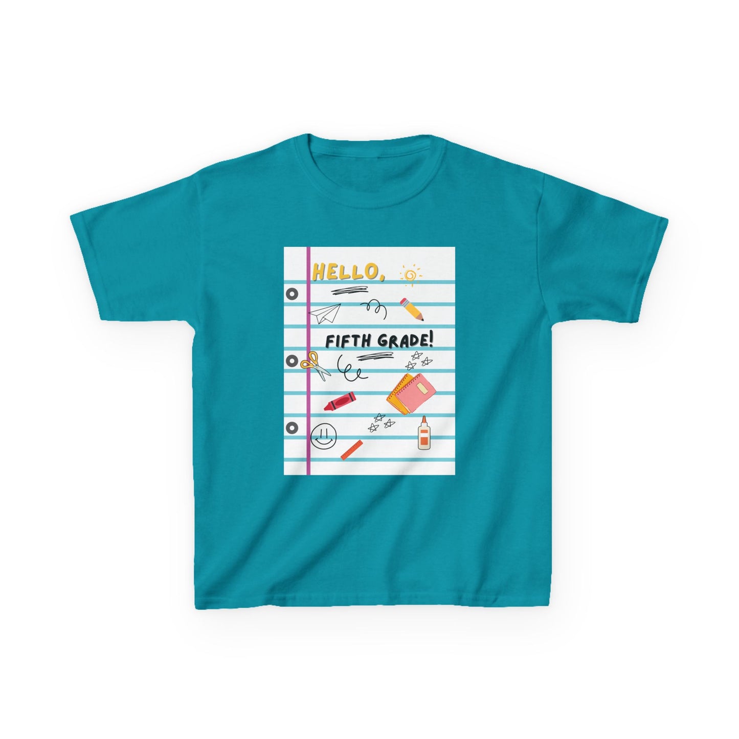 Kids Tee — "Hello Fifth Grade Grade" Lined Notebook Back-to-School Shirt (Custom Name)