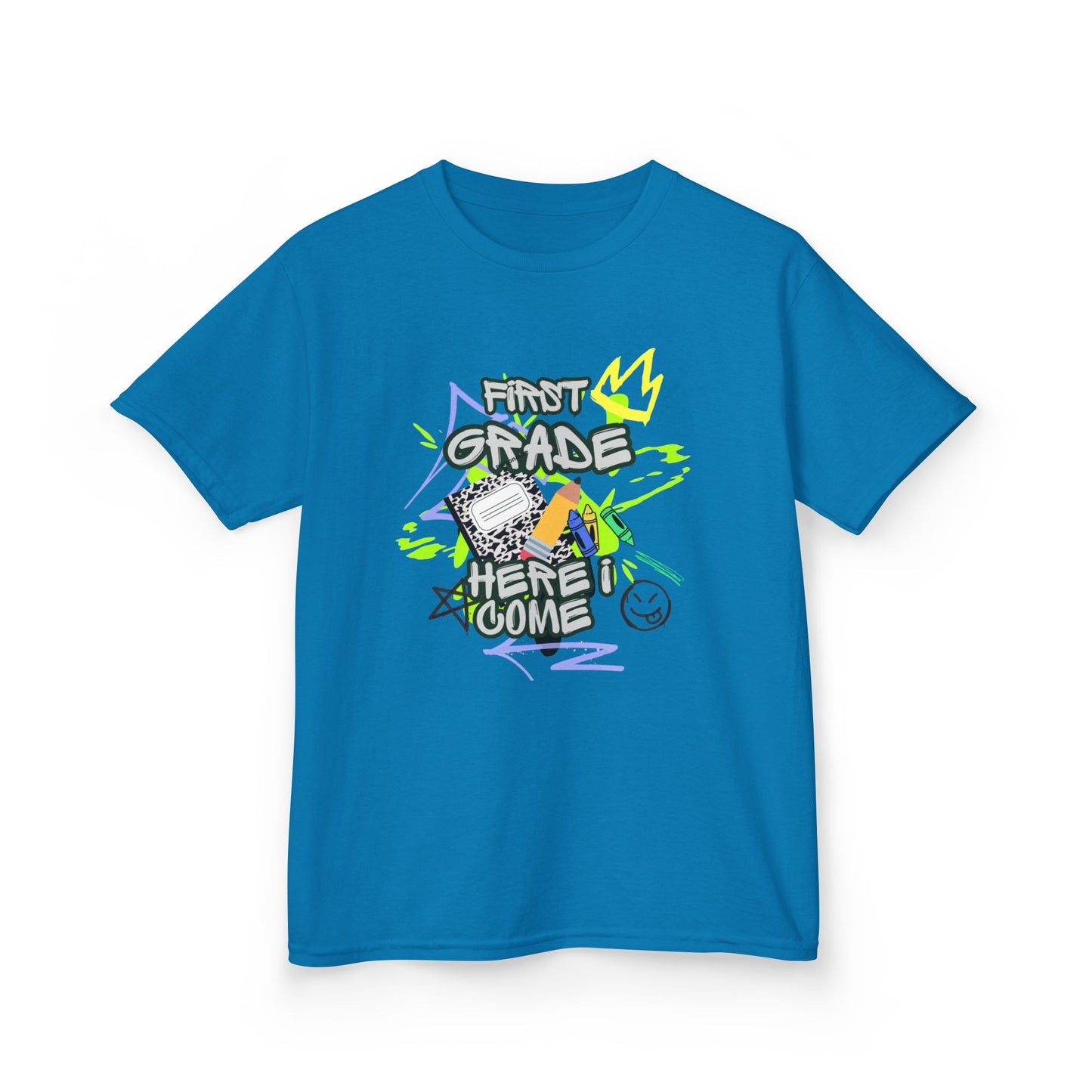 Kids T‑Shirt — "First Grade, Here I Come" Colorful Back-to-School Tee