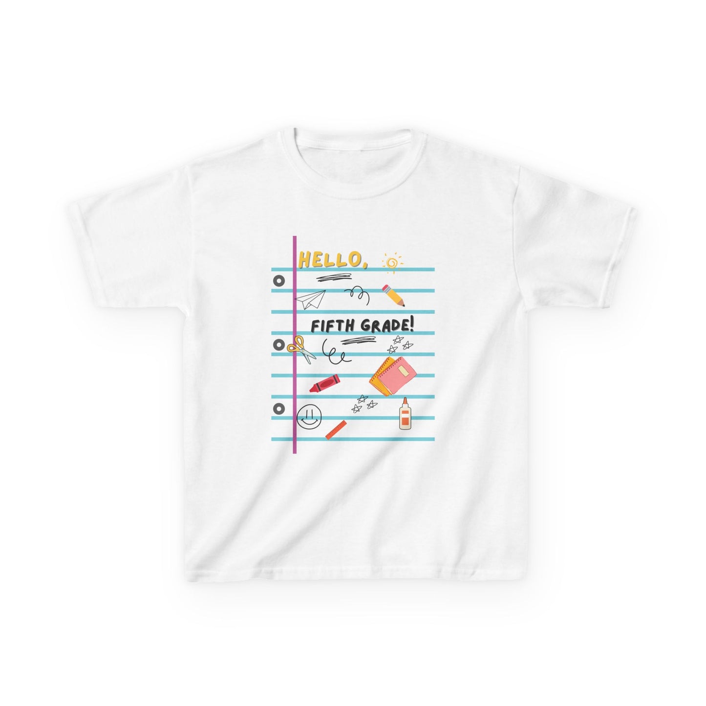 Kids Tee — "Hello Fifth Grade Grade" Lined Notebook Back-to-School Shirt (Custom Name)