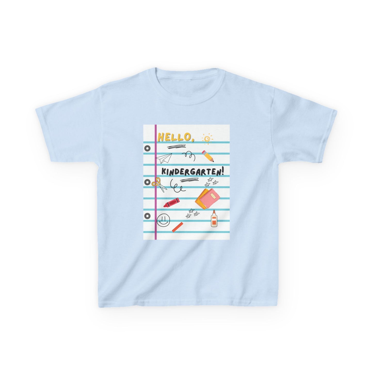 Kids Tee — "Hello Kindergarten" Lined Notebook Back-to-School Shirt (Custom Name)
