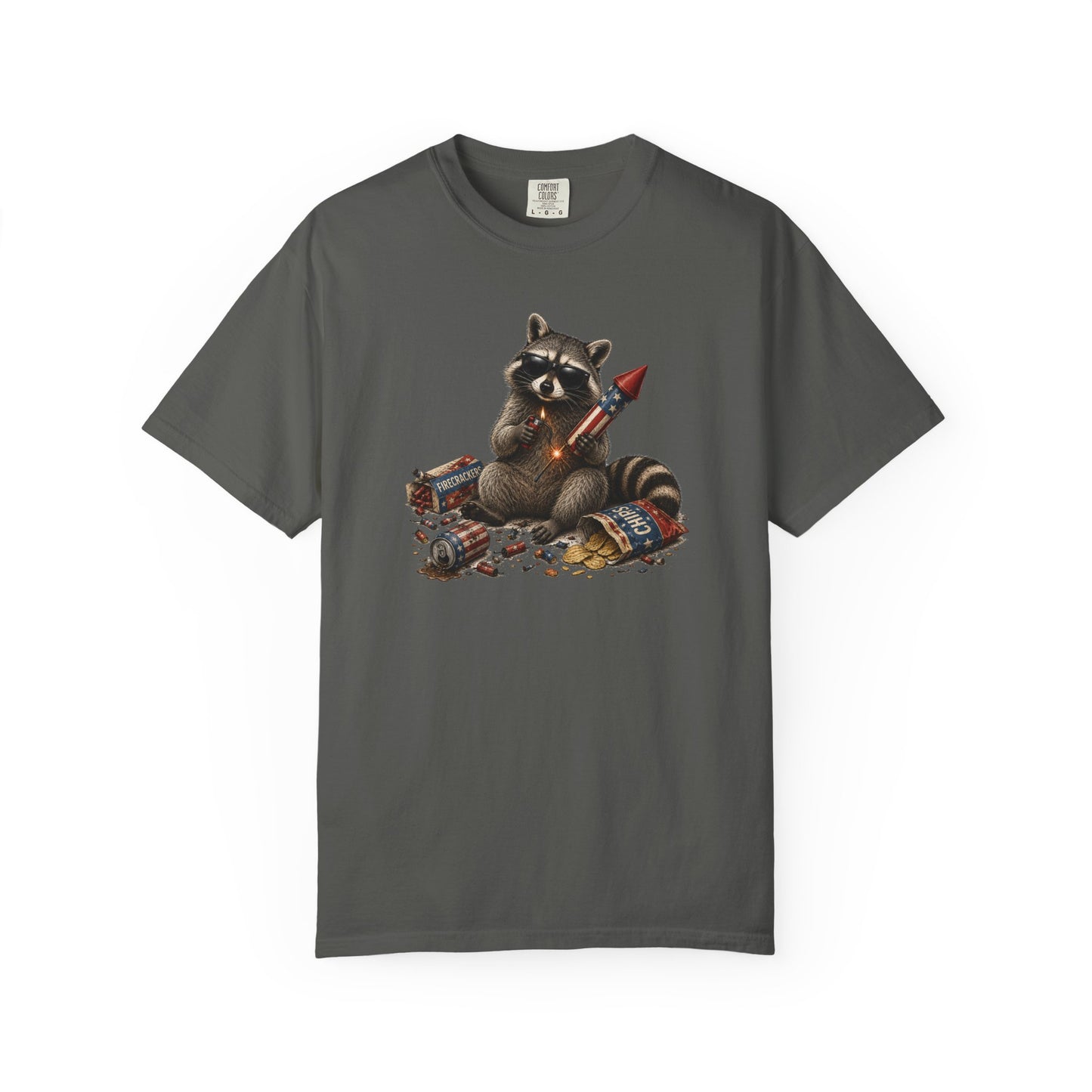 Raccoon Fireworks Graphic Cotton T‑Shirt – Unisex
