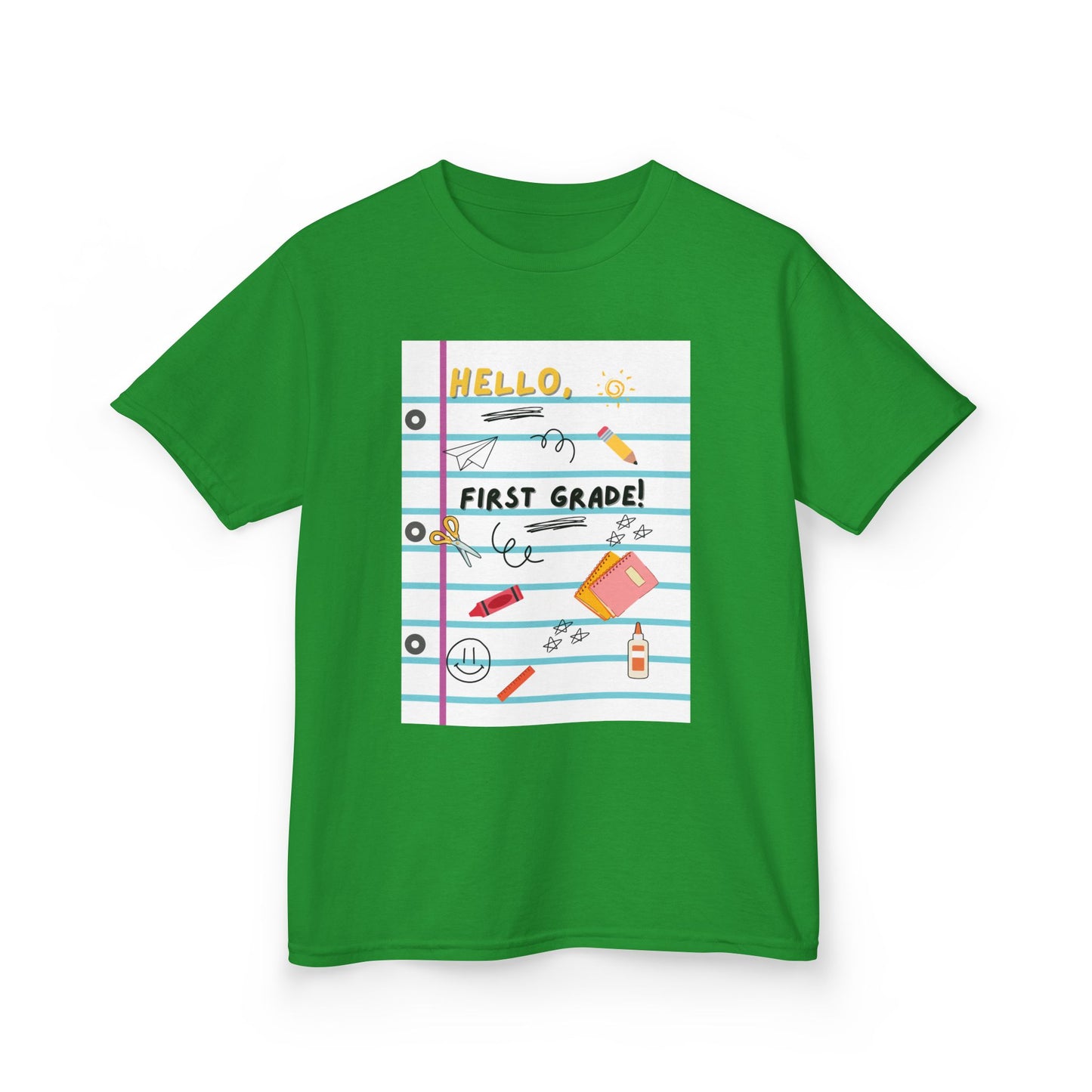 Kids Tee — "Hello First Grade" Lined Notebook Back-to-School Shirt (Custom Name)
