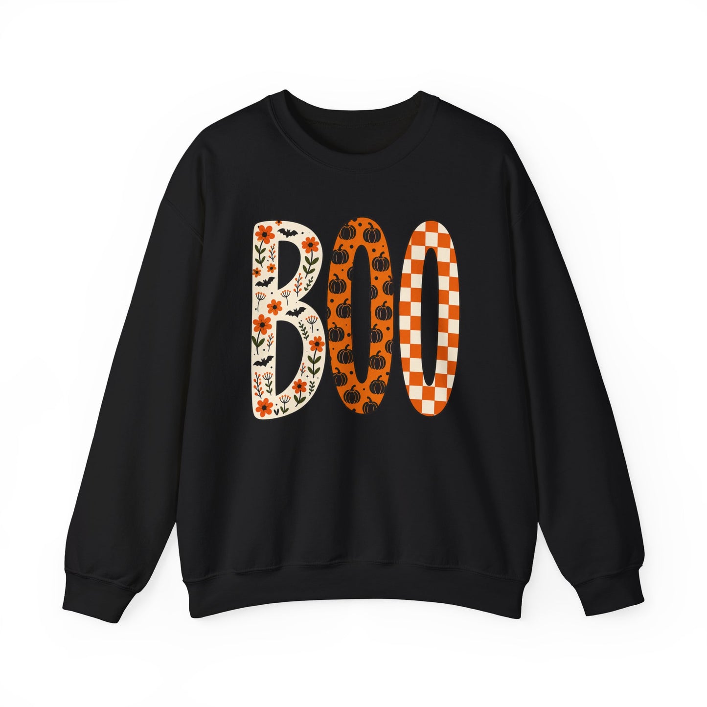 Halloween BOO Crewneck Sweatshirt — Patterned Fall Pumpkin & Checker Graphic