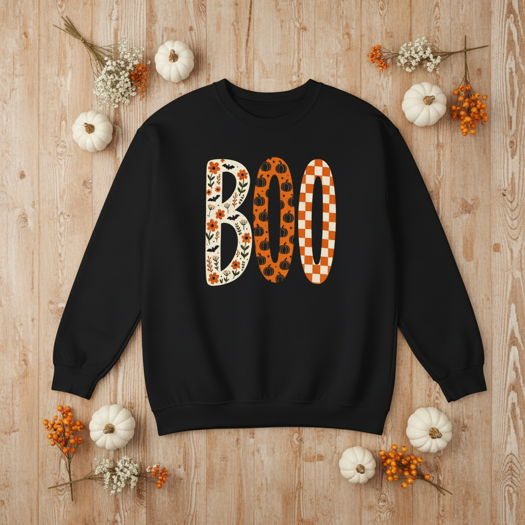 Halloween BOO Crewneck Sweatshirt — Patterned Fall Pumpkin & Checker Graphic