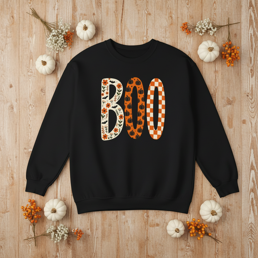 Halloween BOO Crewneck Sweatshirt — Patterned Fall Pumpkin & Checker Graphic