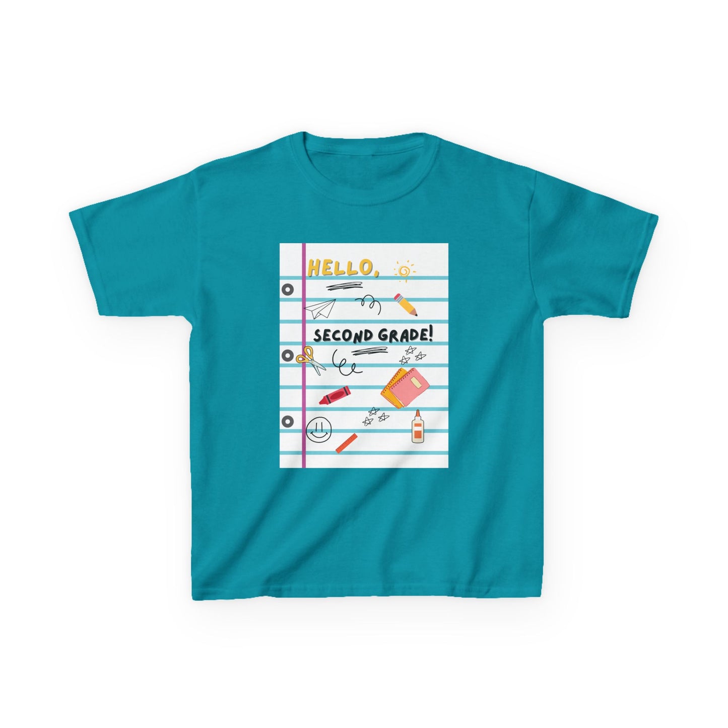 Kids Tee — "Hello Second Grade Grade" Lined Notebook Back-to-School Shirt (Custom Name)