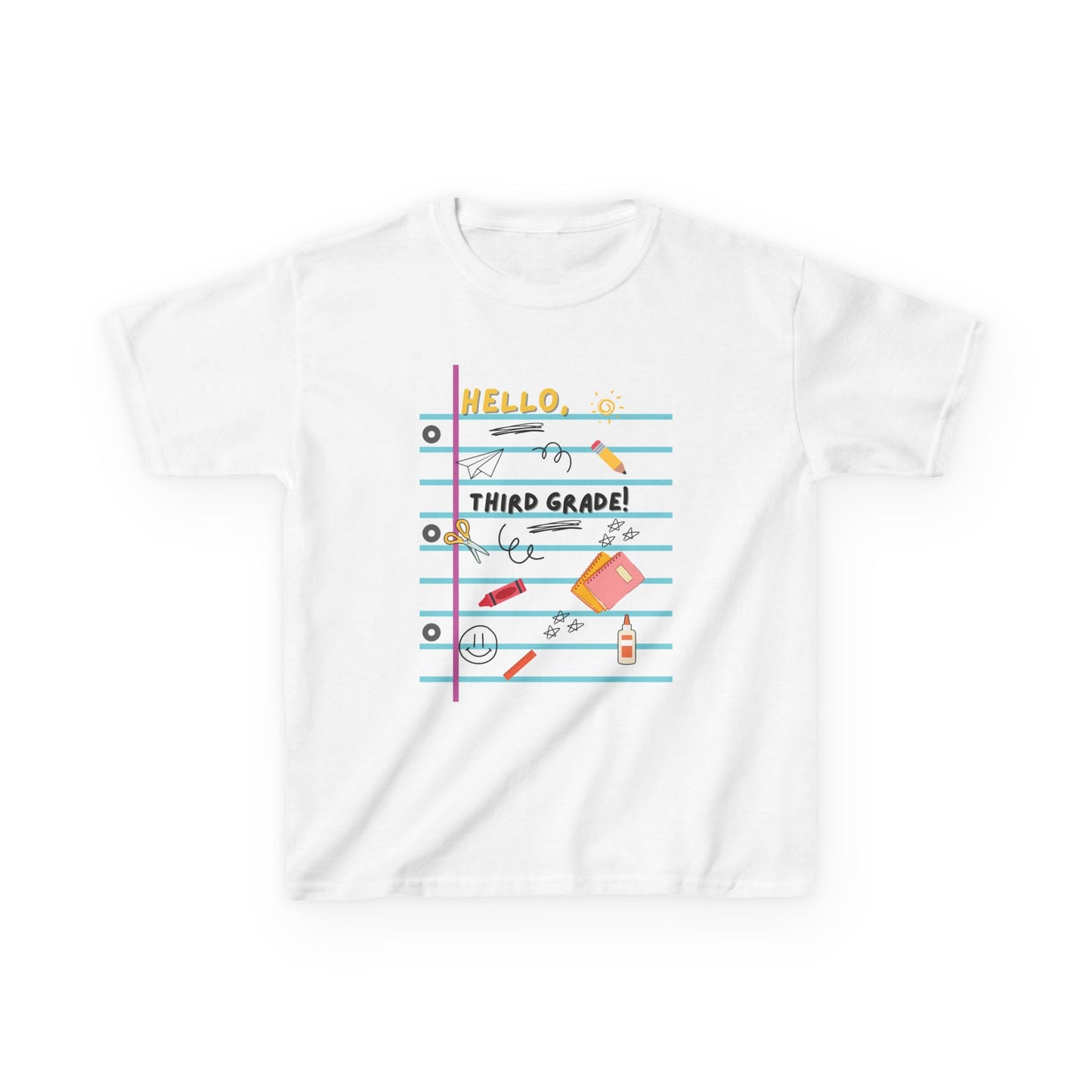 Kids Tee — "Hello Third Grade Grade" Lined Notebook Back-to-School Shirt (Custom Name)