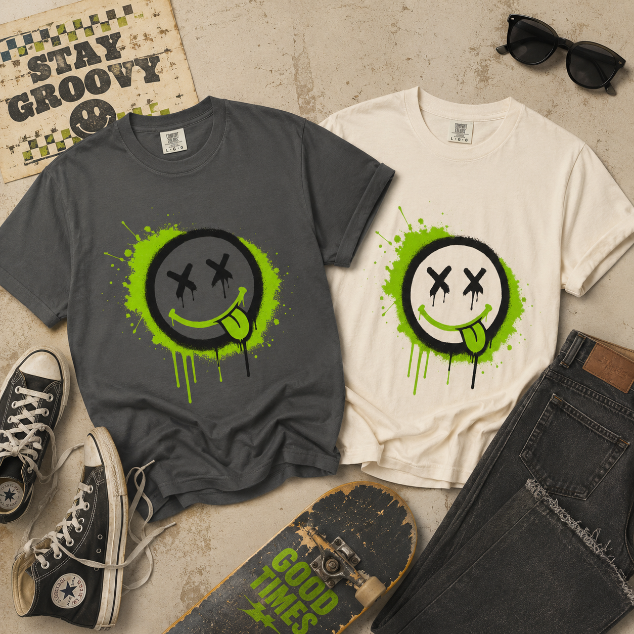 Graffiti Drip Green Smiley T-Shirt - Unisex