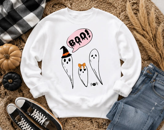 Cute Ghosts "Boo!" Halloween Graphic - Crewneck Sweatshirt