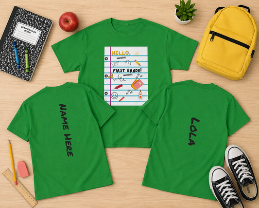 Kids Tee — "Hello First Grade" Lined Notebook Back-to-School Shirt (Custom Name)