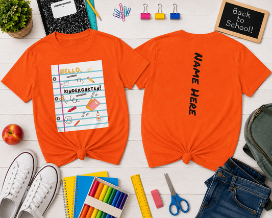 Kids Tee — "Hello Kindergarten" Lined Notebook Back-to-School Shirt (Custom Name)