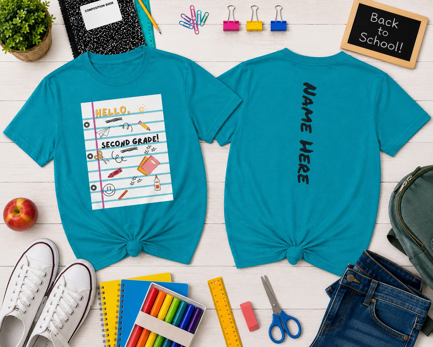 Kids Tee — "Hello Second Grade Grade" Lined Notebook Back-to-School Shirt (Custom Name)