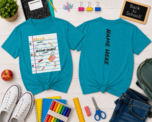 Kids Tee — "Hello Second Grade Grade" Lined Notebook Back-to-School Shirt (Custom Name)