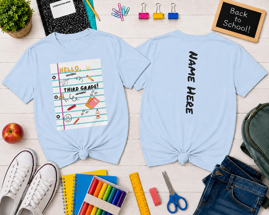 Kids Tee — "Hello Third Grade Grade" Lined Notebook Back-to-School Shirt (Custom Name)