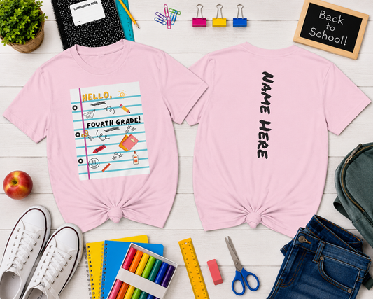 Kids Tee — "Hello Fourth Grade Grade" Lined Notebook Back-to-School Shirt (Custom Name)