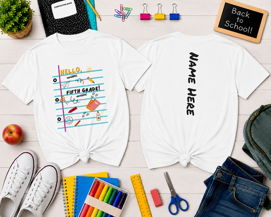 Kids Tee — "Hello Fifth Grade Grade" Lined Notebook Back-to-School Shirt (Custom Name)